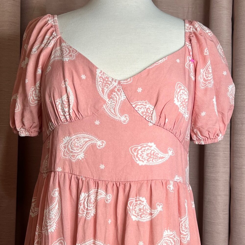 PatPat Pink Boho Paisley Midi Dress XL Short Puff Sleeves V-Neck 100% Viscose Ru - Picture 5 of 16